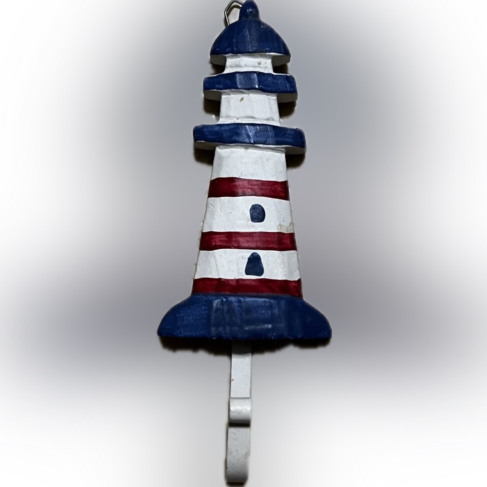 💥Lighthouse Wall Hook 3D Red White Blue Wooden Metal Hanger Decor Ocean